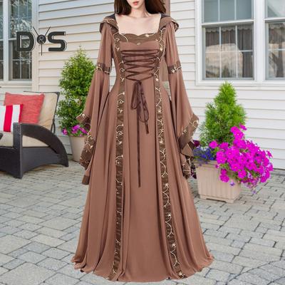 Women Dress Medieval Royal Style Lace-up Hooded Bat Sleeve Maxi Dress Waist-Cinching Square Collar Stage Performance Halloween Renaissance Cosplay
