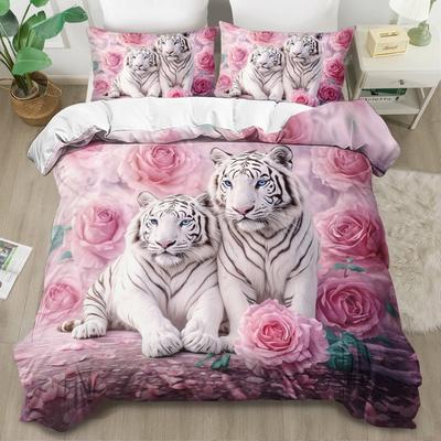 3pcs Pink Bedding Set Rose Flowers Tiger 3D Printed Cozy Soft Duvet Cover King Queen Twin Size Birthday Gift Adult Bedroom Decor