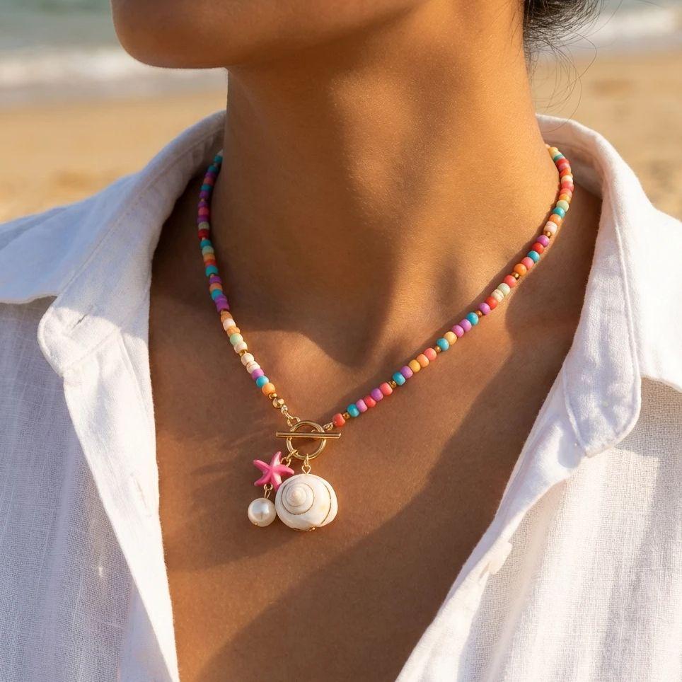 Böhmischer Seestern Muschel Anhänger Halskette mit OT-Verschluss Bunte Reiskornperlen Keramikfisch Choker Halskette Strandurlaub Schmuck
