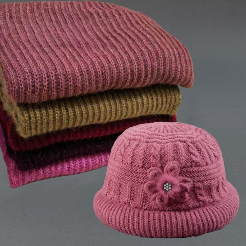 Women's Winter Scarf and Hat Set: Warm Knitted Velvet Thick Wool Accessories for Middle-Aged and Elderly Moms
