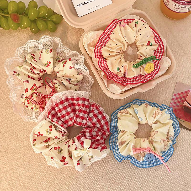 Lace Check Bow Hair Ring Female Cute Sweet Balls Scrunchie Vintage Gentle Hair Accessories