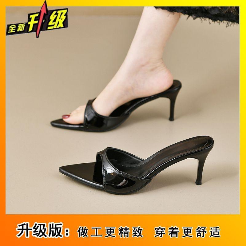 Patent leather high-heeled thin-heeled women's slippers 2025 summer new fashion versatile dopamine pointed cool slippers women