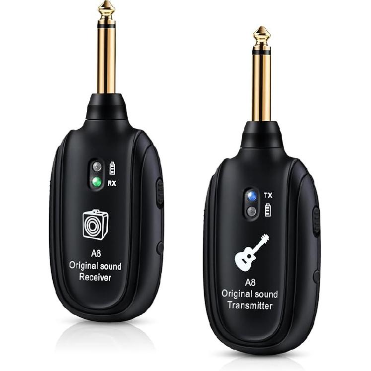 A8 Wireless Guitar Transmitter Receiver System, 2.4GHz Rechargeable, 24-bit/48KHz Audio, Low Latency  4ms for Electric Guitar & Bass, Wireless Audio A8(1TX+1RX)