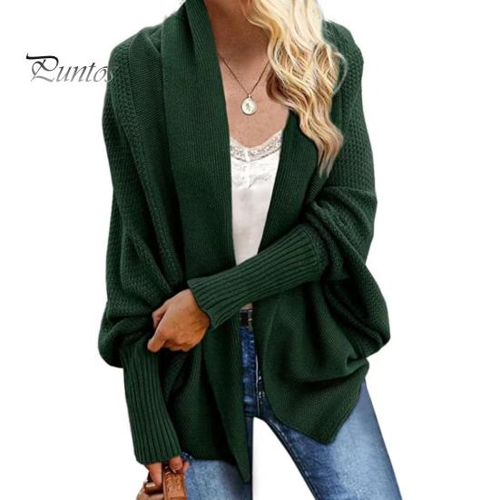 Dámský kardiganový kabát bez límce s netopýřími rukávy a dlouhým rukávem, otevřený vpředu, pletený kabát, elastické manžety, jednobarevný, volný střih, pletený kardigan