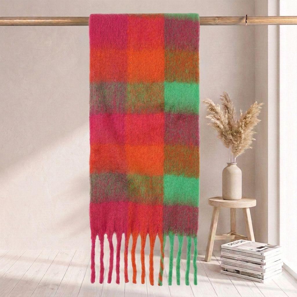 Women's High-Grade Colorful Plaid Mohair Scarf - Thick, Warm, and Versatile for Winter
