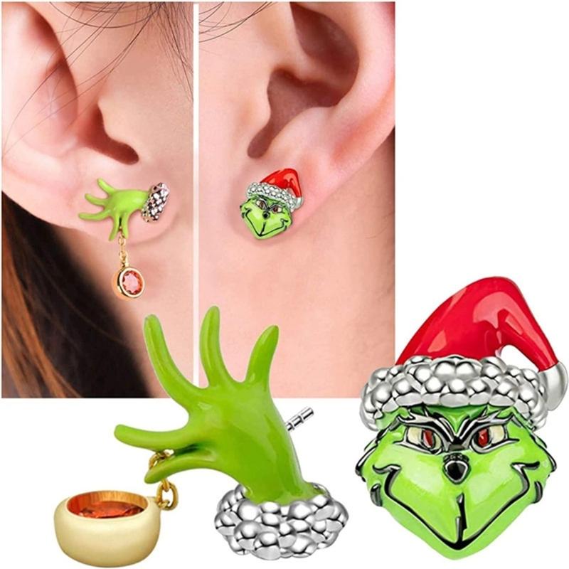 Grüne Monster Hängeohrringe Weihnachtsmotiv Ohranhänger Handform Trendiger Ohrschmuck Ornament für den täglichen Gebrauch