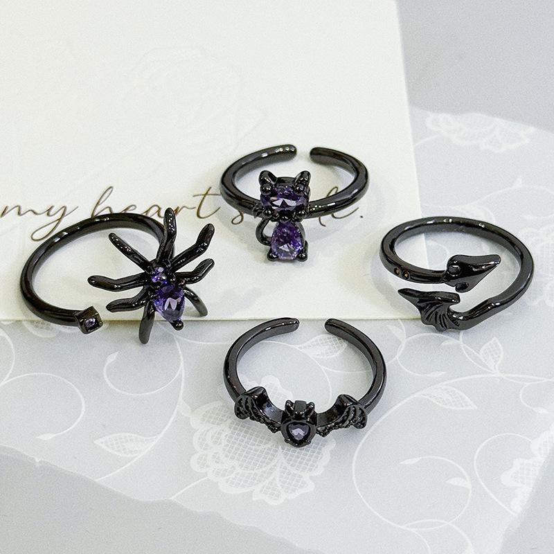 Halloween Dunkle Persönlichkeit Retro Zirkon Spinne Kätzchen Fledermaus Öffnungsring Nische Hip Hop Street Ring