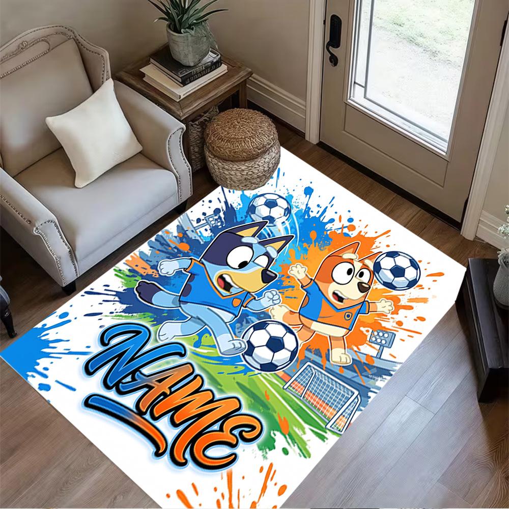 Bluey Soccer Adventure Customizable Name Area Rug Design for Playrooms Kitchen Entryway Outdoor Antislip Carpet Anime Office Decor