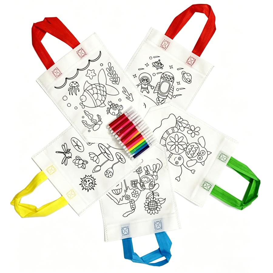 4/10/20pcs Non-woven Tote Bag & 6-Color Mini Watercolor Pen, DIY Graffiti Art Supplies Birthday Party Handcraft Painting Art XJM