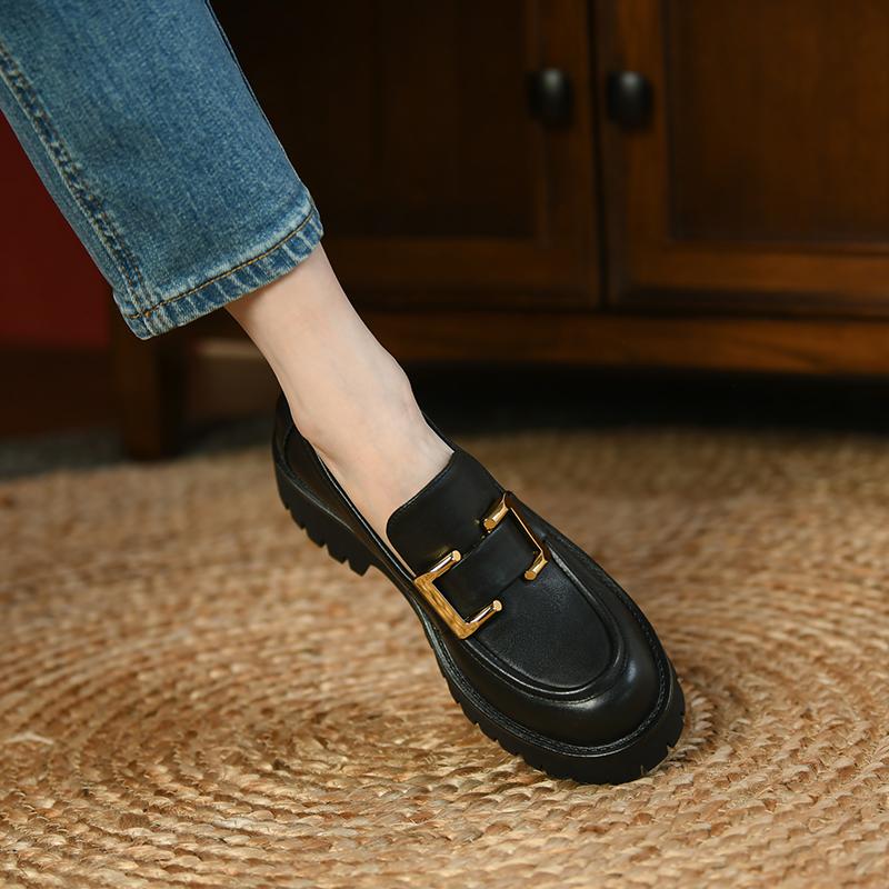 New Fashion  Women Shoes Split Leather Casual Slip -On Loafers Comfortable Pumps Platform Shoes Round Toe Heels Shoes Woman