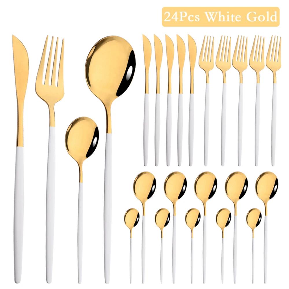 24Pcs Luxury Cutlery Stainless Steel Tableware Mirror Gold Dinnerware Set Western Knife Fork Spoon Flatware Kitchen Silverware