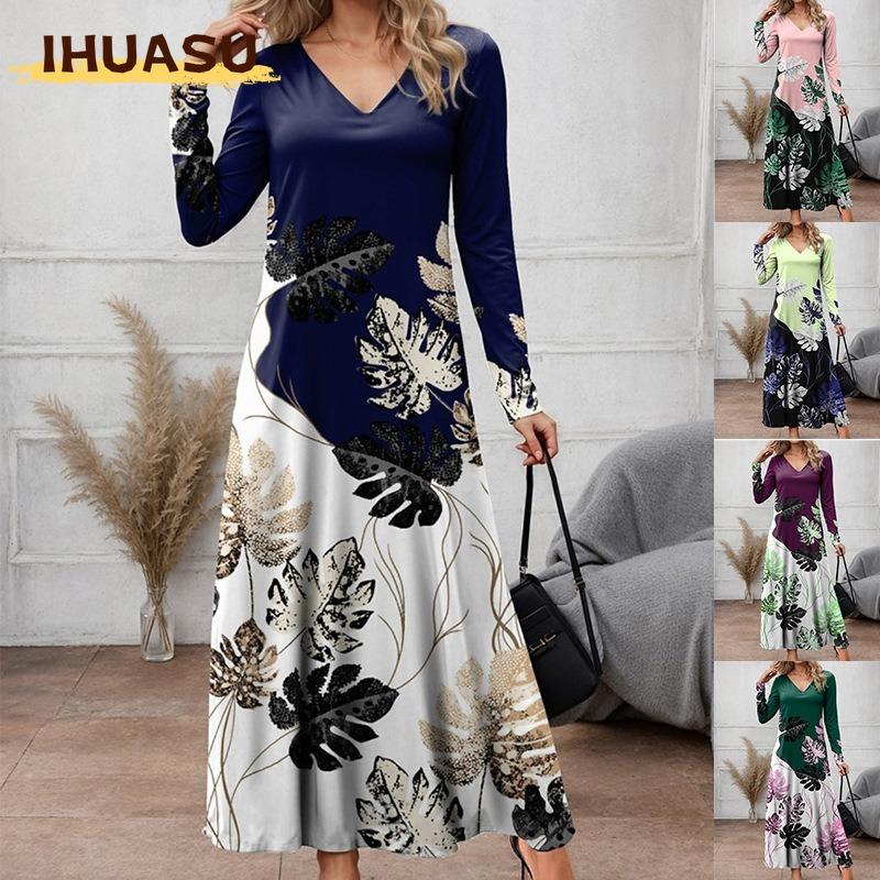 IHUASU Fashion Autumn Winter Long Sleeve V-Neck Casual Dresses