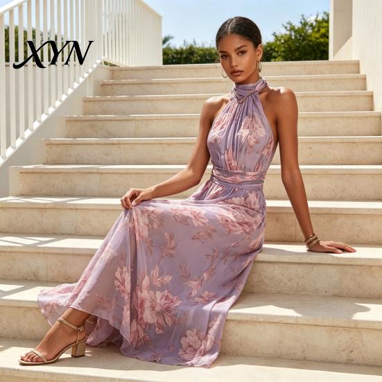 Tallening Body Shape Dress Floral Chiffon for Women, Halter Sleeveless Ruched Maxi Green Print Dress, Turtle Neck Wedding Guest Cocktail Evening