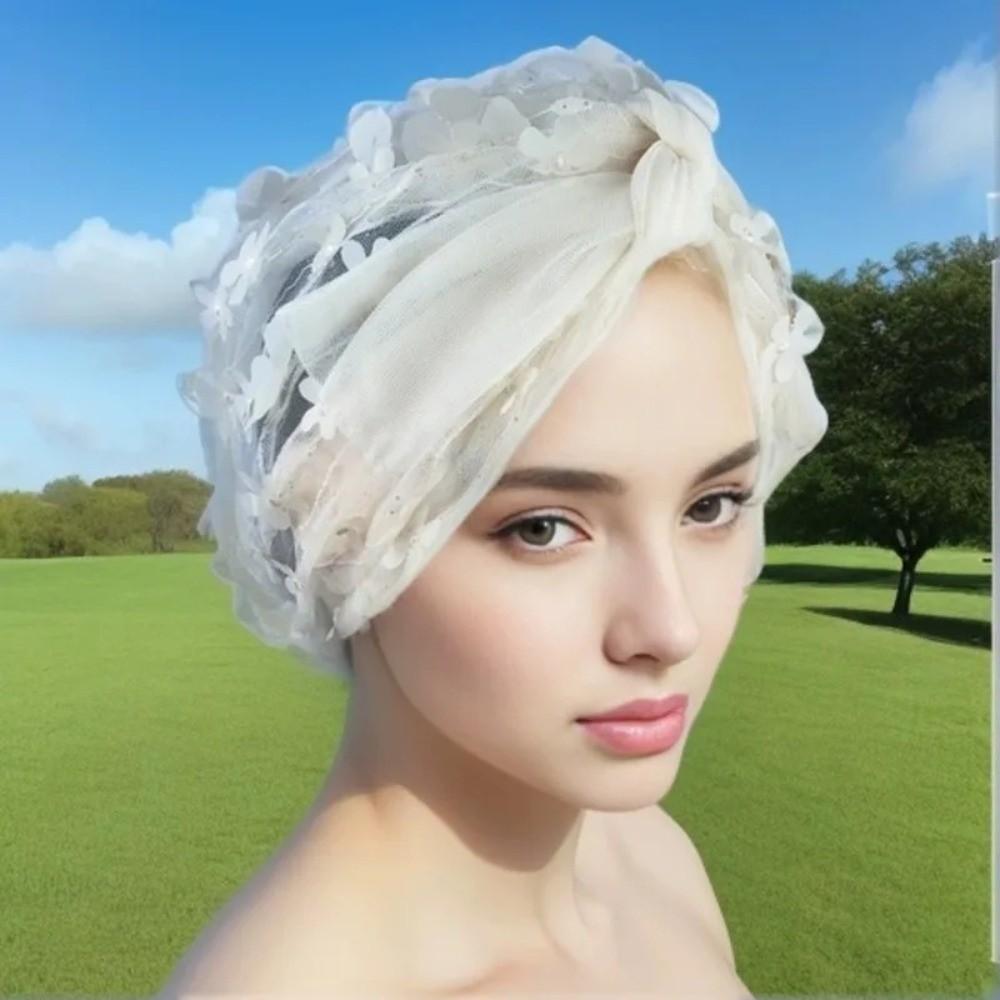 Faux Pearl Headscarf Hat Lace Flower Bohemian Headscarf Fashion Bonnet Hat  Summer Wear