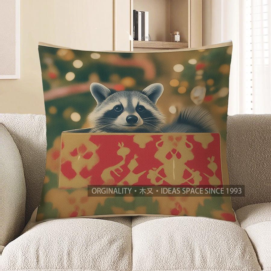 Home Decor Christmas Raccoon Cushion Cover With Holiday Charm Pattern Cushion Cover Suitable For Sofa Bedroom Car Pillow Cover