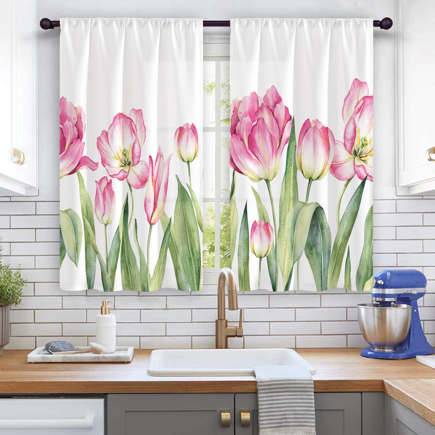 

2023 2 шт. Акварельные напечатанные цветы 3D цифровая печать занавески кухонные оконные занавески 2 панели на заказ W50H130(CM)x2&Grommet Top