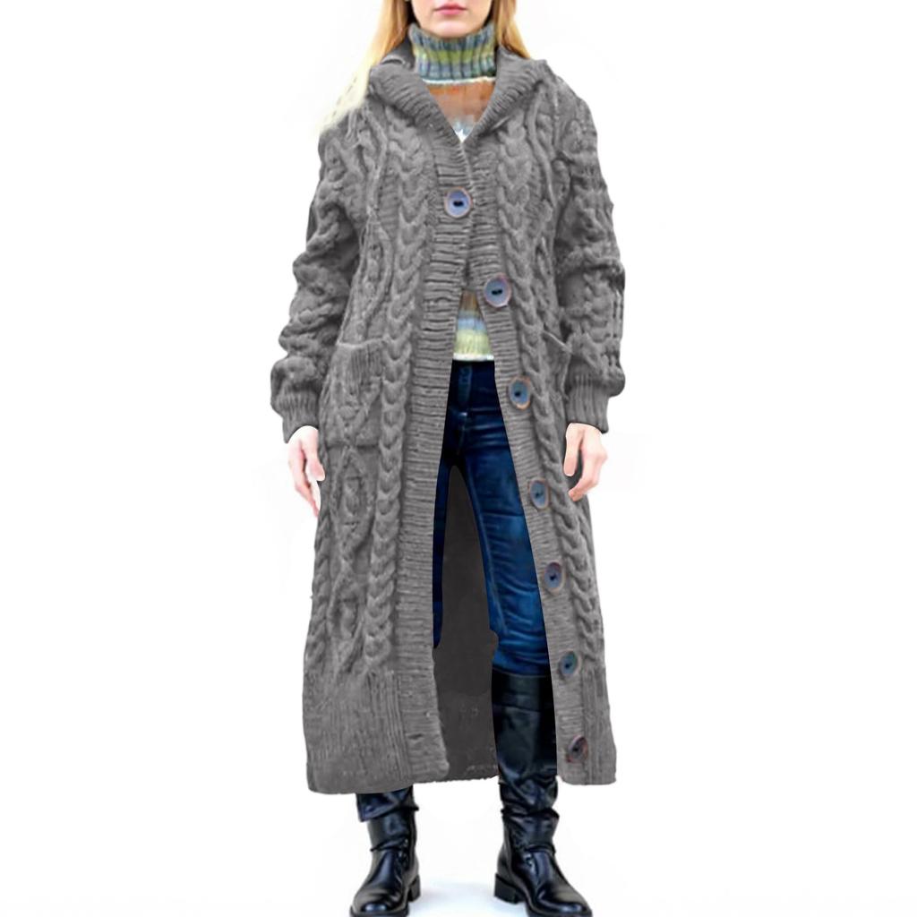 Women's Loose Button Pocket Cable Knitted Mid-length Coat