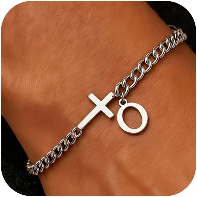 Men Cross Cuban Chain Bracelets for Men Initial A-Z Faith Cross Bracelets, Stainless Steel Initial Bracelet Religious Jewelry