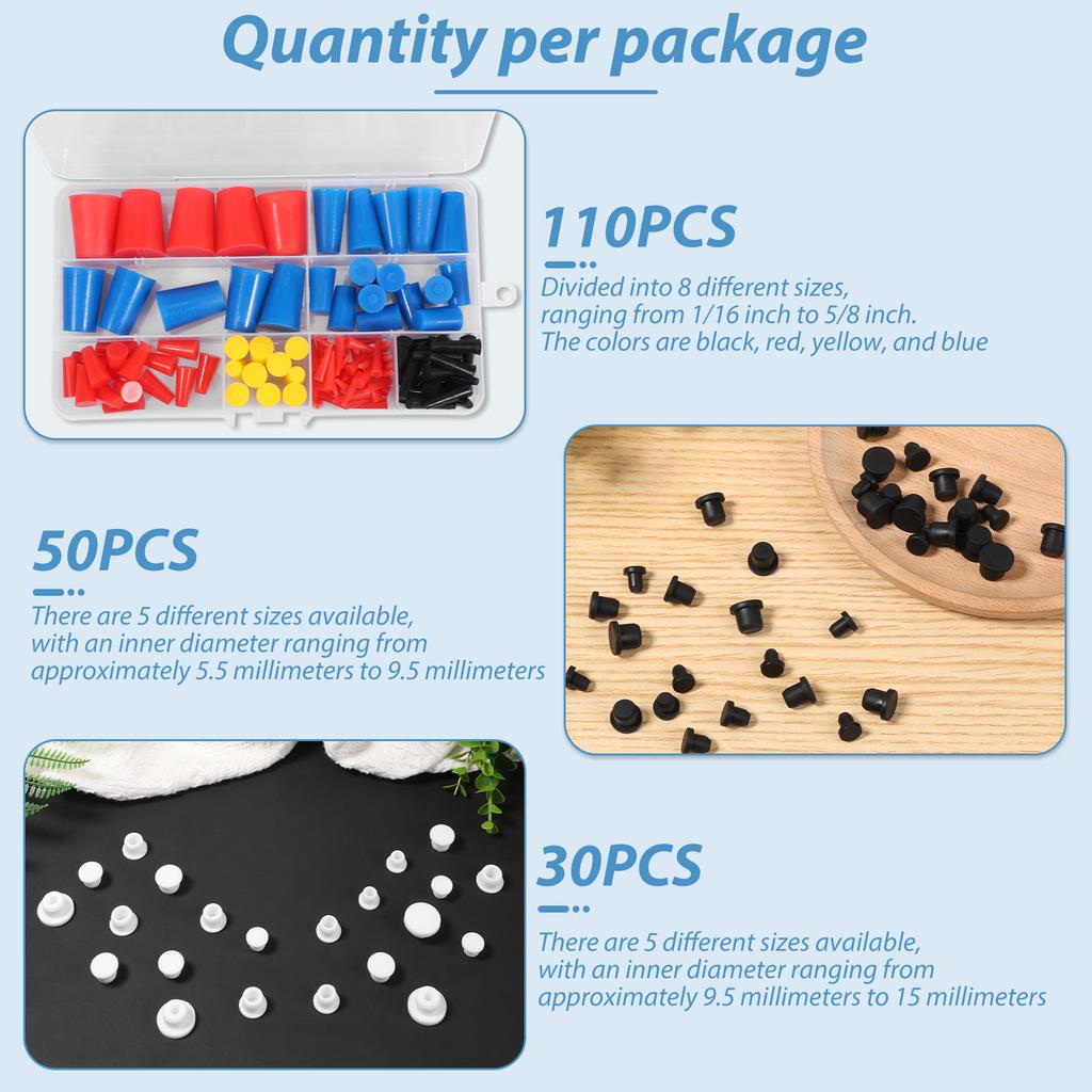 190Pcs Silicone Rubber Tapered Plugs High and Low Temperature Resistant Waterproof 8 Sizes From 1/16 To 5/8Inch for Hole Plugs
