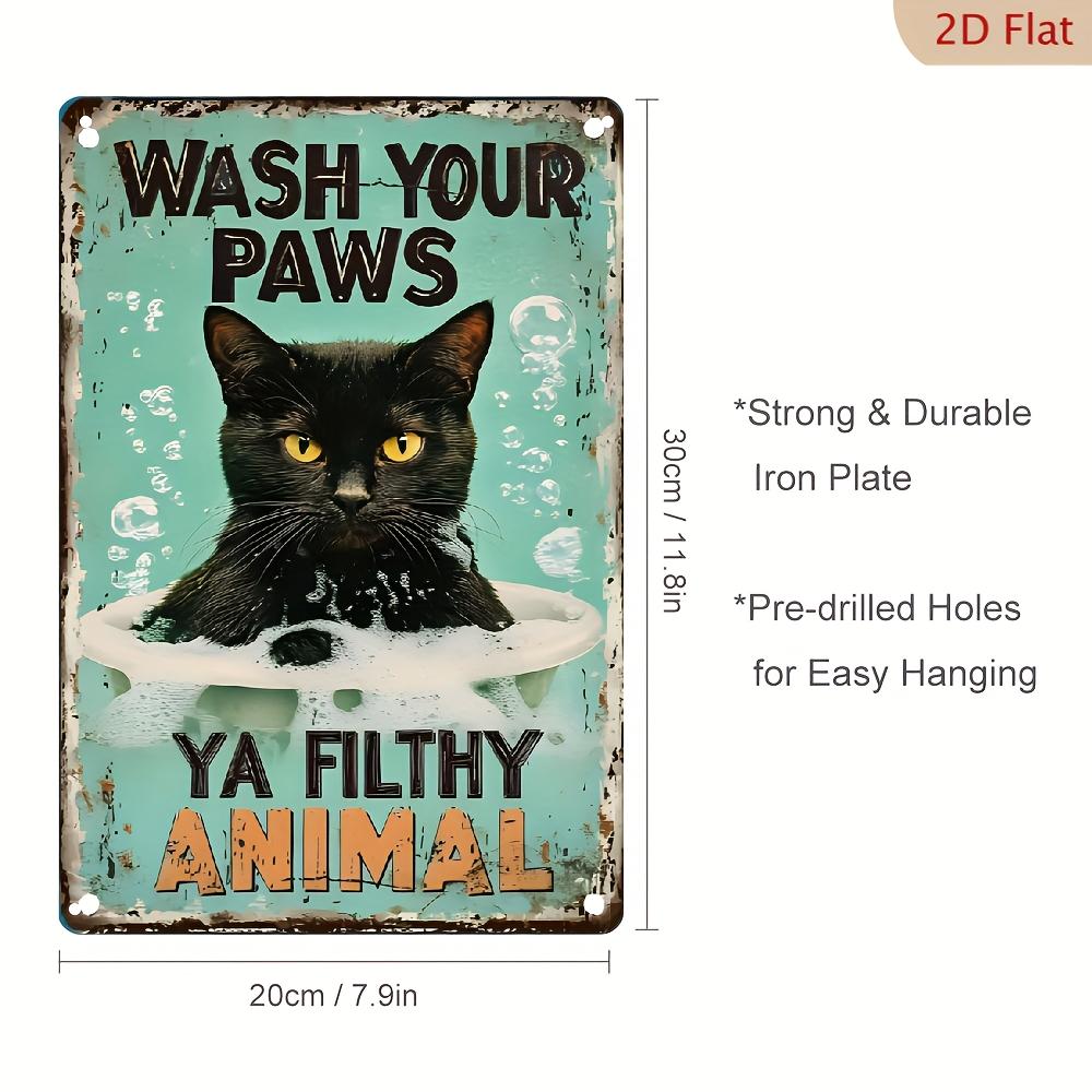 

Charming Cat Paw Wash Metal Sign x Inch Rustic Wall Art for Cat Lovers with Black Cat Design on Teal Background 20x30cm（7.8x11.8inch）