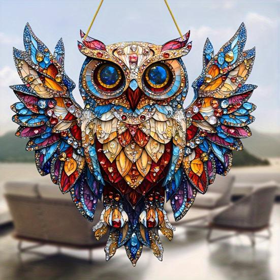 2Pcs Owl Pendant, Waterproof Acrylic Indoor Outdoor Decoration, 2D Printing Stained Glass Style Colorful Light Effect Owl Ornament with Lanyard