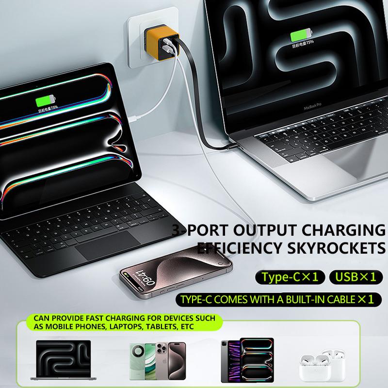 Nabíječka 3 v 1 GaN Zatahovací 80W MAX Blok rychlonabíječky s kabelem Type-C 2 USB porty Přenosný adaptér Nabíječka mobilního telefonu Nová