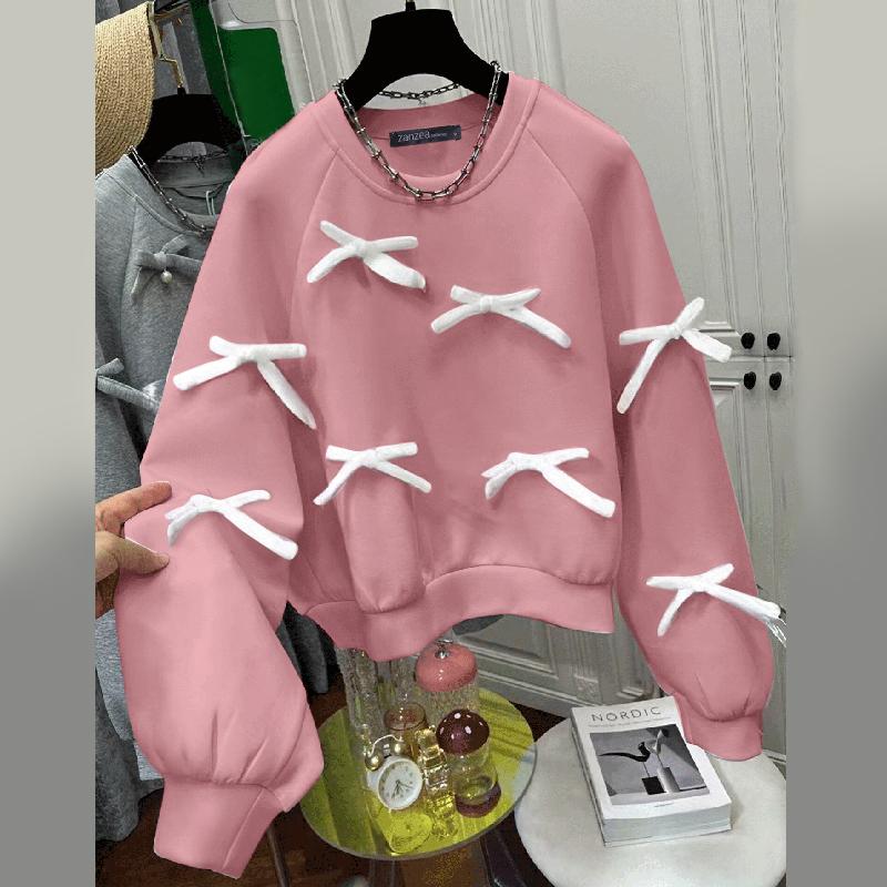 

ZANZEA Женские осенние толстовки с круглым вырезом и длинным рукавом, украшенные галстуком S розовый