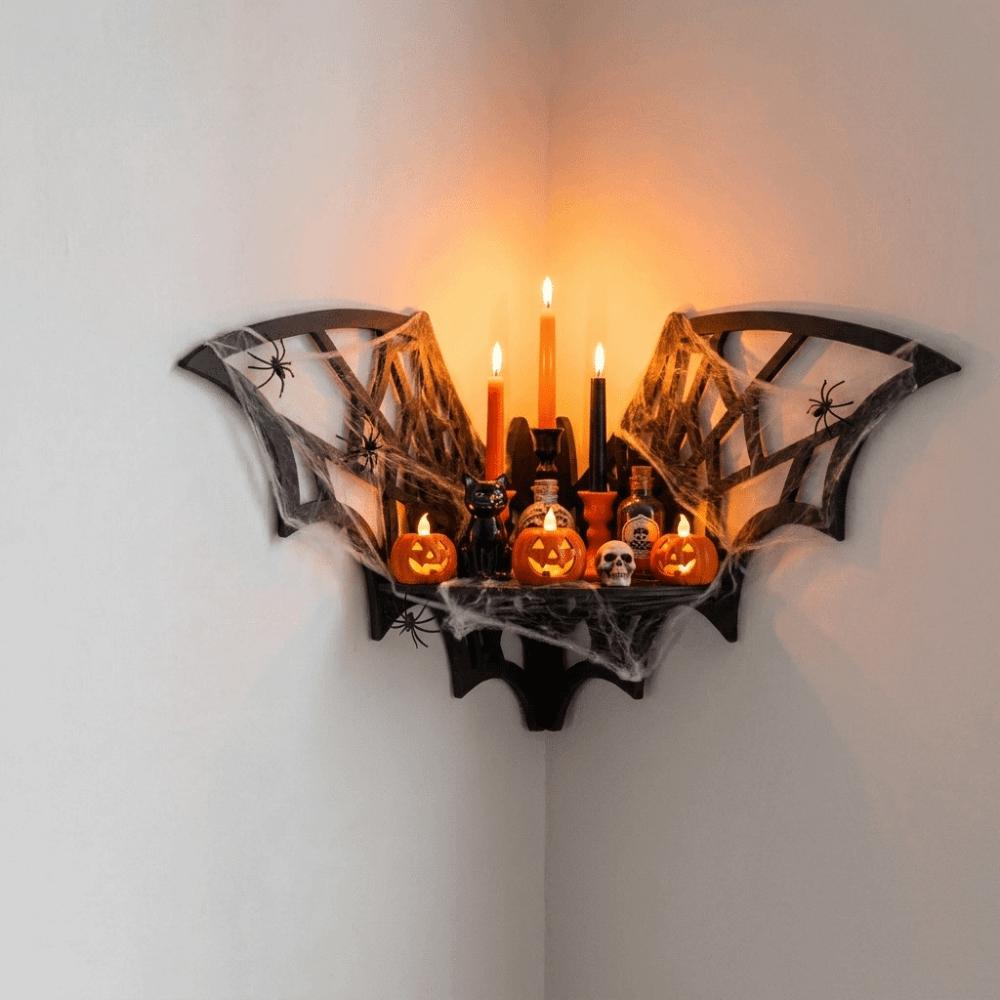 Black Bat Corner Shelf Wooden Wall Display Shelf Spooky Decor Floating Storage Shelf Party