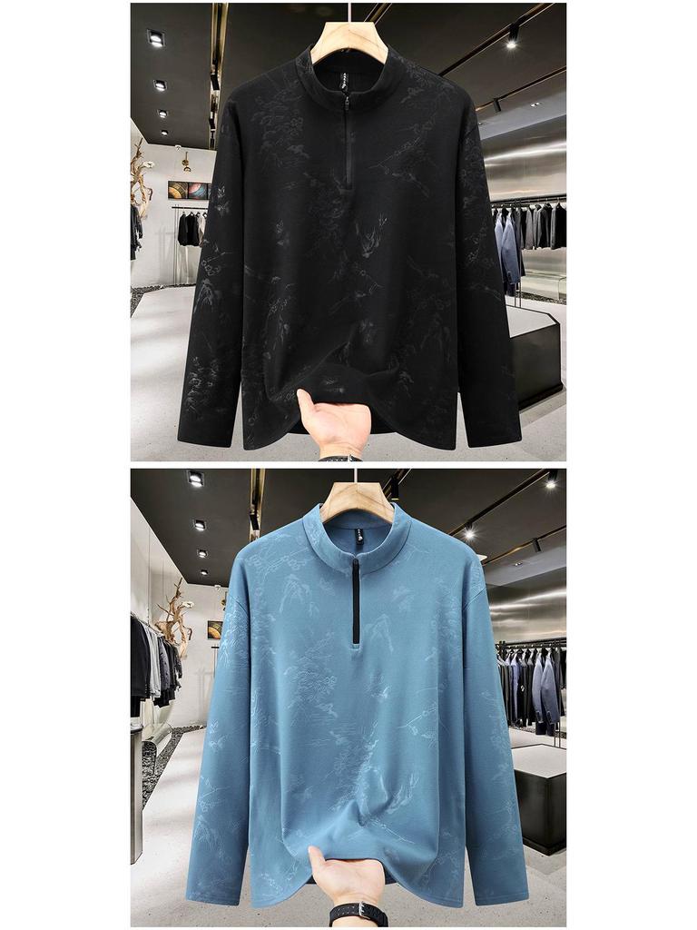 Plus-Size Men's High-End Fleece Half-Zip Stand Collar Long Sleeve Warm Winter Base Layer Shirt