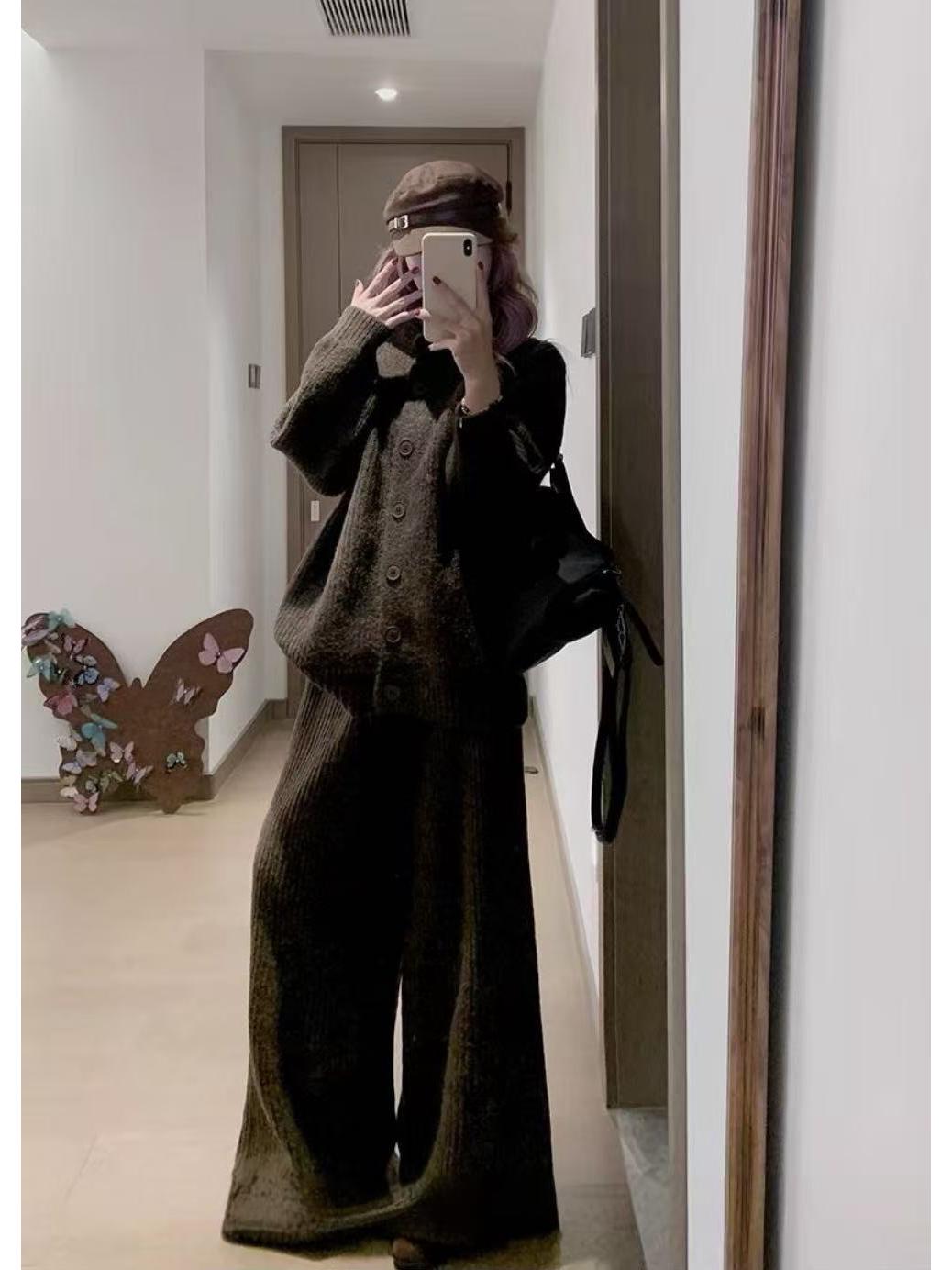 

Women s Lazy Style Knitted Autumn/Winter Outfit: Wide-Leg Pants & Cardigan Two-Piece Set One Size кофейный