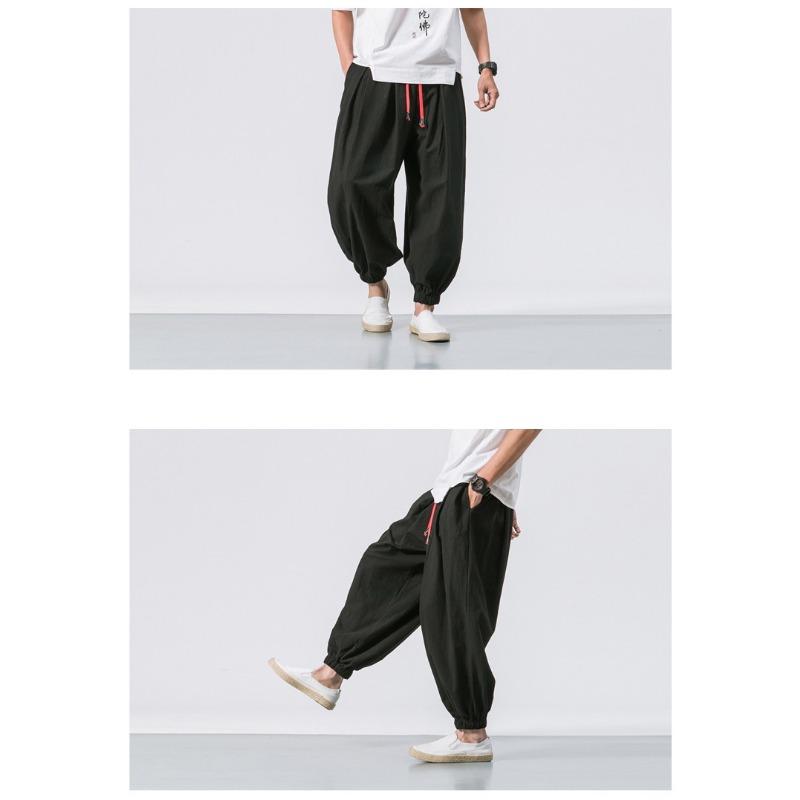 Mens Loose Solid Color Drawstring Lantern Harem Casual Cropped Pants