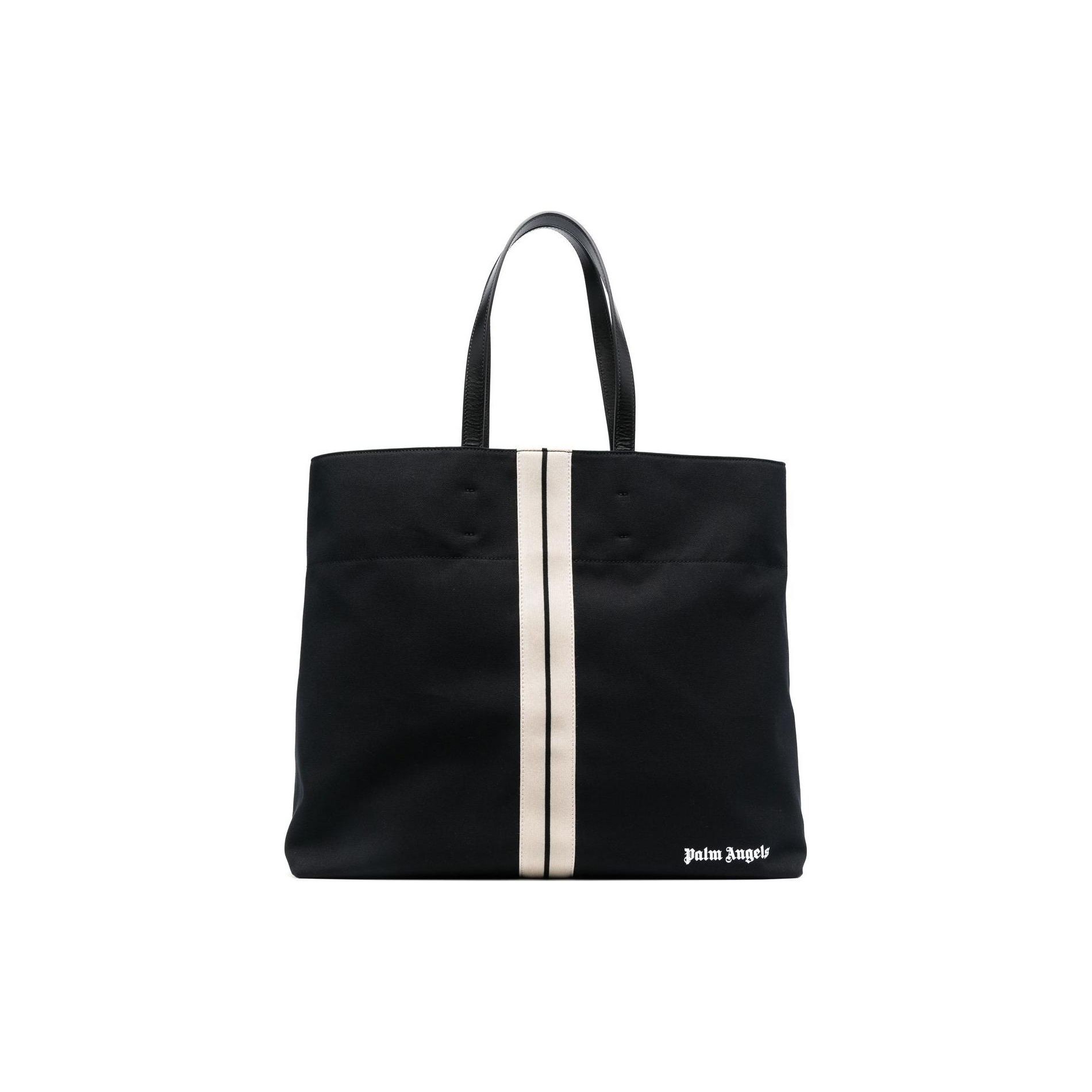 Palm Angels Logo Print Stripe Detail Cotton And Calfskin Tote Bag Men Tote Bags Black PMNA064C99FAB0011003 Basic Set (Bag+Dust Bag)