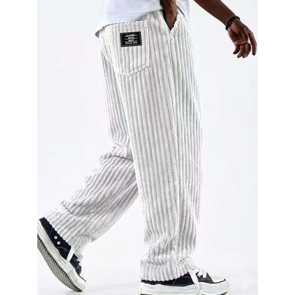 Herren American-Retro Vertikal gestreifte Cordhose - Lockere gerade geschnittene Freizeithose für Herren