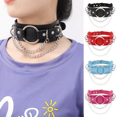 Punk Doppellagiges Leder O-Ring Ketten Choker Halsband - Europäischer & Amerikanischer Streetstyle Metall Kreis Design.