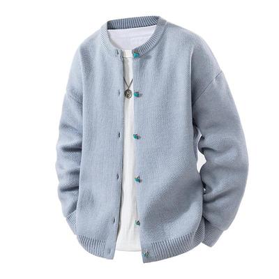 Men's Solid Color Round Neck Button Long Sleeve Cardigan Sweater Knitted Thread Fashion Casual Top