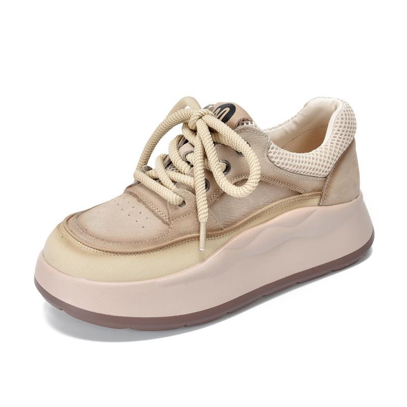 

Johnature Толстая подошва из натуральной кожи на шнуровке Повседневные туфли с круглым носком Универсальные женские туфли на плоской платформе 39 бежевый