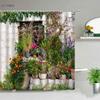 Waterproof Shower Curtain Set Flowers Arch Bridge Landscape Home Decor Bathroom Curtain Polyester Fabric Background Wall Decor