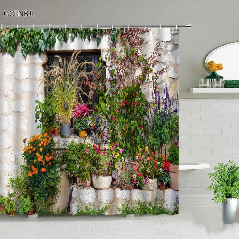 Waterproof Shower Curtain Set Flowers Arch Bridge Landscape Home Decor Bathroom Curtain Polyester Fabric Background Wall Decor