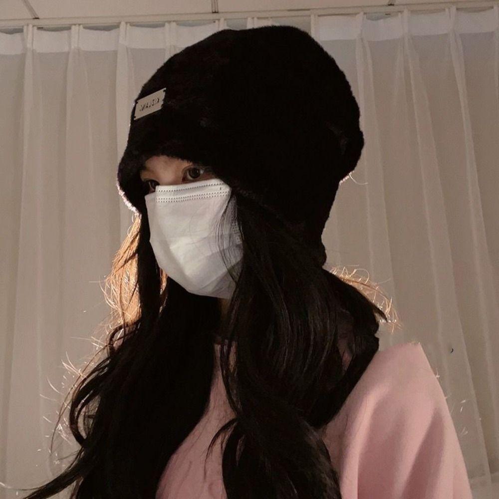 Korean Style Fleece Wool Skullies Thickened Warm Wool Cap Soft Letter Pullover Hats  Keep Warm