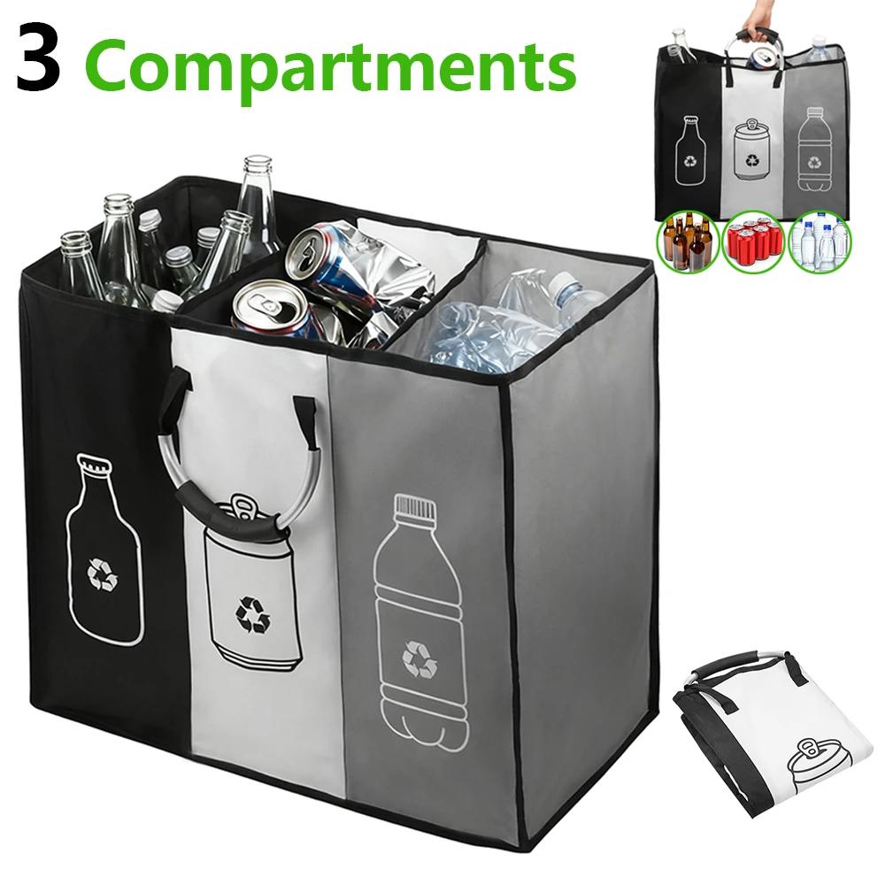3 Compartment Empty Bottle Storage Basket Waste Trash Sorting Organizer with Handle Kitchen Trash Can Water Bottle Collector Bag