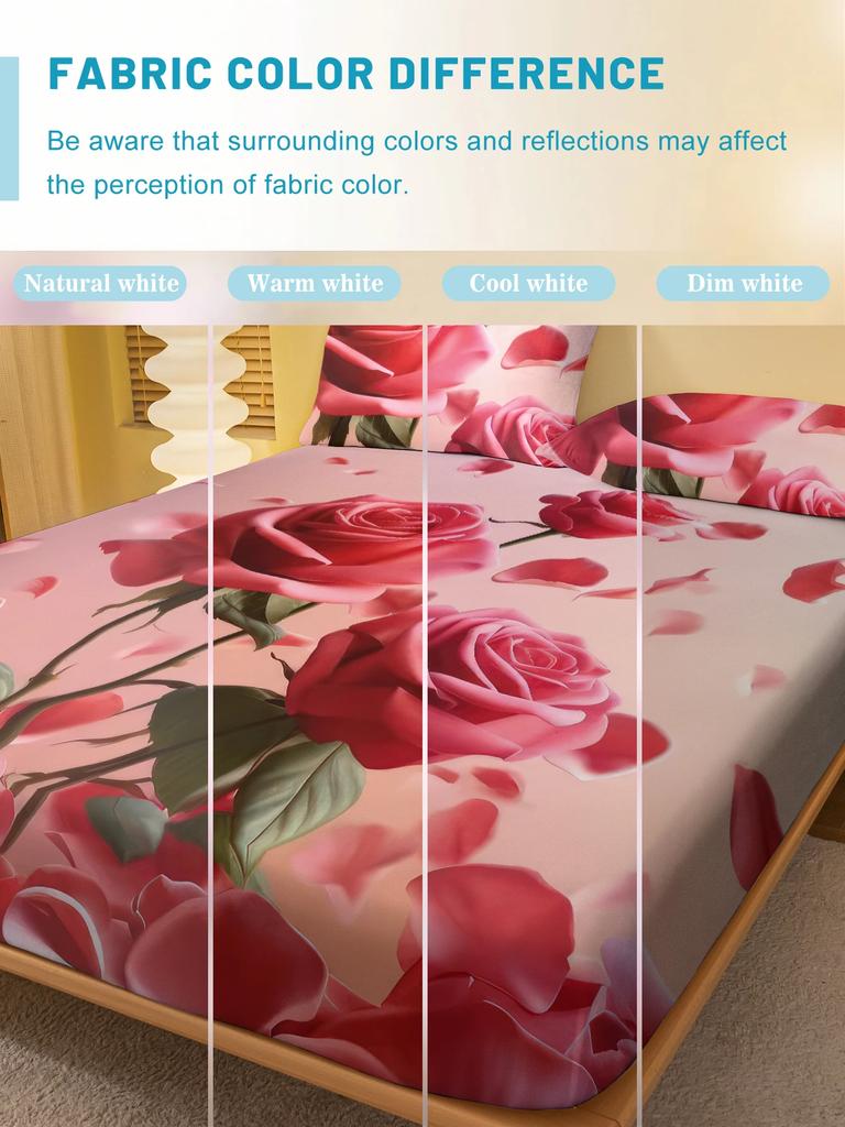 1 Simple Modern Plant Flower Pink Rose Digital Printed Frosted Fitted Sheet,bedroom Printed Bed cover,bedding(No Pillowcase)