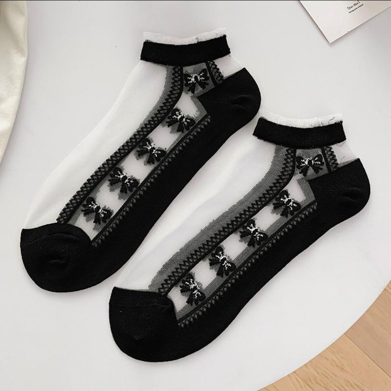 Women's Short Socks for Spring and Summer, Thin Lace Stockings, Sweat-absorbing, Trendy Black Short Boat Socks, Versatile