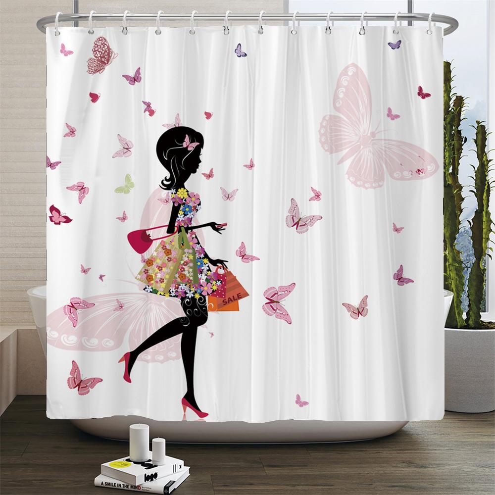 Butterfly Flower Girl Bathroom Curtain Polyester Waterproof Fabric Shower Curtain Valentine's Day Heart Pattern Bathtub Screen