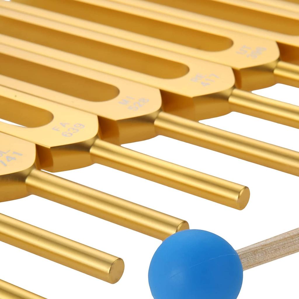 Dreld Stimmgabel Set Klangheilung Therapie Werkzeug Stimmgabel Set für Entspannung mit Silikonhammer und Tasche Vibrationsinstrument Golden - -