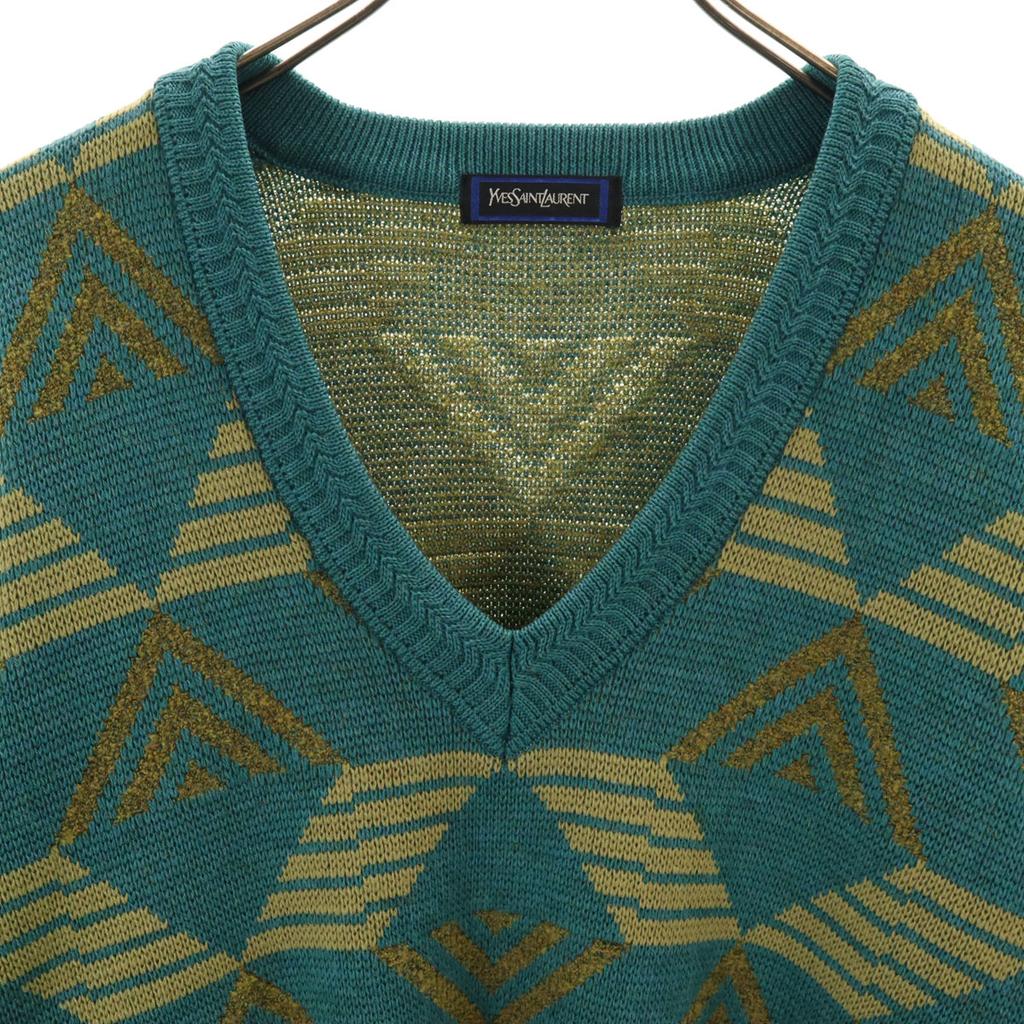 Yves Saint Laurent 90er Jahre Altes Geometrisches Muster Langarm V-Ausschnitt Pullover Damen Gebraucht