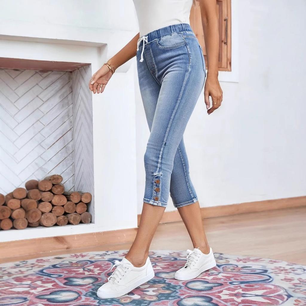 Women Denim Jeans Drawstring Waist Calf-Length Stretch Jeans Skinny Slim Pencil Pants