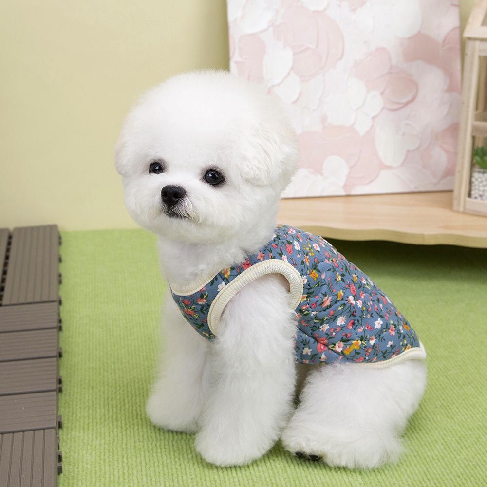 Winter FlowerPattern Pet Jacket Pet Dog Costume Navy Pink Sleeveless Vest Jacket Warm Comfortable Floral Cotton Vest Small Dog