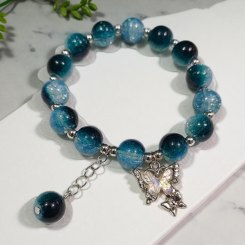 Braccialetto in Vetro Fiore Esplosione Fantasy da 10 mm: Ciondolo Farfalla Colore Degradé Design di Nicchia per Donne e Migliori Amiche.