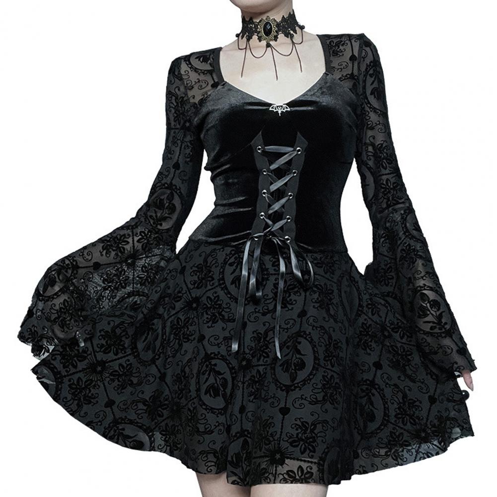 Women Halloween Cosplay Dress V-Neck Lace Tie-up Strap Dark Style Gothic Medieval Vintage Bell Sleeves Performance Stage Show Dr