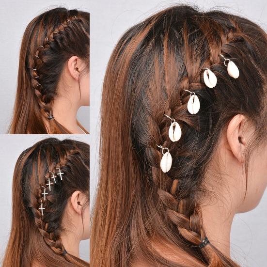 5/10Pcs Punk Women Hip-Hop Braid Hand Cross Shell Leaf Ring Hair Clips Accessory